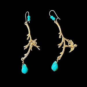 Gold and Turquoise Bird Branch Earrings